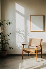 Simple and Stylish Living Room Corner Featuring a Comfortable Chair and a Potted Plant on a Sunny Afternoon