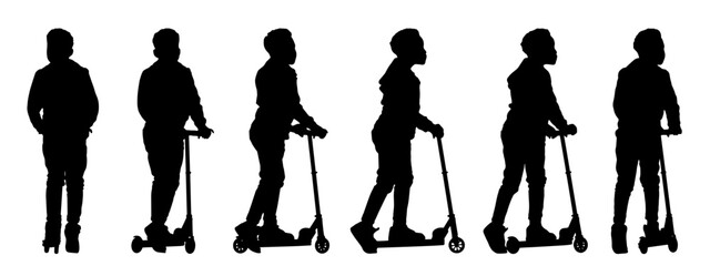 Vector concept conceptual black silhouette of a child riding a scooter from different  perspectives isolated on white background. A metaphor for sport and fun, leisure and transportation, lifestyle