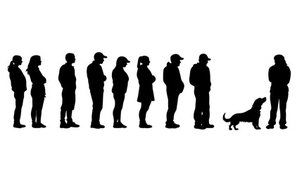Obraz premium A serene scene of people and pets in silhouette, walking and relaxing against a minimalist white background.