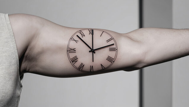 Unique clock tattoo design on a muscular arm showing the passage of time and personal expression in a contemporary art style