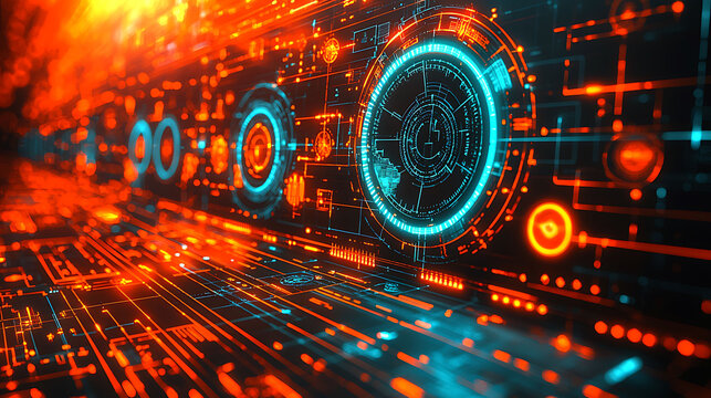 Abstract futuristic tech background. Vibrant orange and teal digital interface with glowing HUD elements. Perfect for scifi, technology, and innovation concepts.