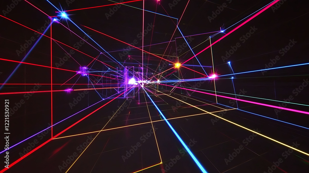 Poster dynamic abstract image featuring vibrant, multicolored laser lines intersecting in a 3d space. perfe