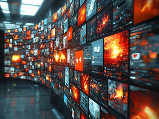 Curved wall of glowing screens displaying diverse digital content vibrant, dynamic imagery ideal for tech, social media, or big data concepts.