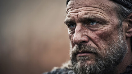 Weathered man with a thoughtful gaze in a rustic outdoor setting during autumn