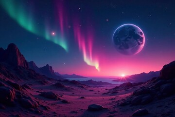 Glowing Martian night sky with stars and aurora, Stars, Aurora
