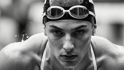 Competitive swimmer focuses intensely before the race in a training facility