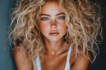 Naklejka premium Stunning Blonde Woman Portrait: Freckles, Curly Hair, and Alluring Gaze