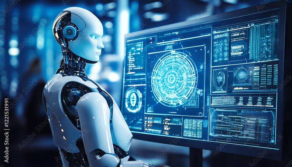 Poster a futuristic humanoid robot intently monitors a large screen displaying complex data visualizations.