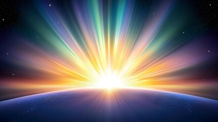 Obraz premium A bright, colorful sun rising over a blue planet. The sun is surrounded by a rainbow of colors, and the sky is filled with stars. Concept of wonder and awe at the beauty of the universe