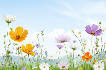 Fototapeta premium A colorful array of wildflowers closes in around a sunlit field, depicting a serene outdoor environment with a clear blue sky and wispy clouds