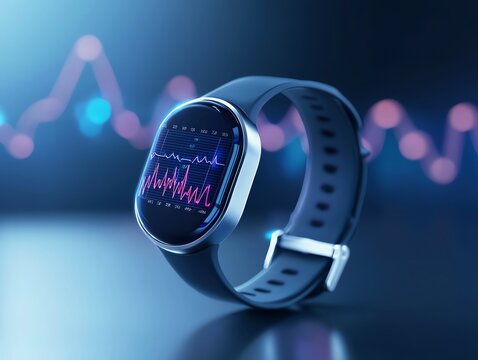 A modern smartwatch displaying vital health data and a colorful background representing data analytics. Ideal for tech enthusiasts and health monitoring concepts.
