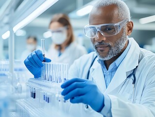 Fototapeta premium A focused scientist examines test tubes in a modern laboratory