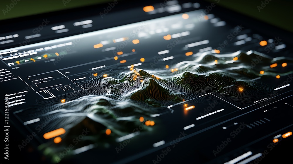 Aufkleber a futuristic digital interface displaying 3d terrain data with glowing elements, ideal for showcasin