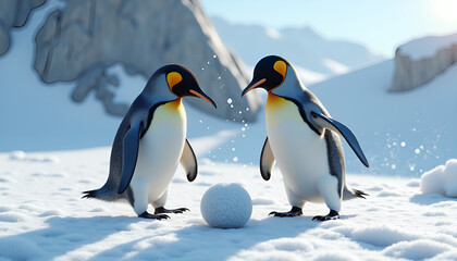 Obraz premium Playful King Penguins with Snowball in Antarctic Winter Landscape