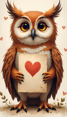 Whimsical Owl Illustration Holding Valentine Heart Card in Vintage Style