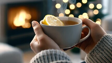 Close-up of a woman's hands holding a steaming cup of tea with a slice of lemon, with a cozy living room and blurred fireplace in the background. - Powered by Adobe