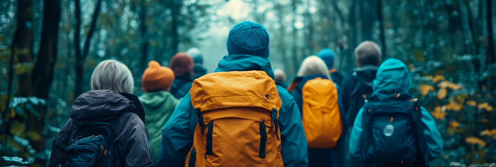 Hikers with backpacks walking through a forest trail, autumn scene