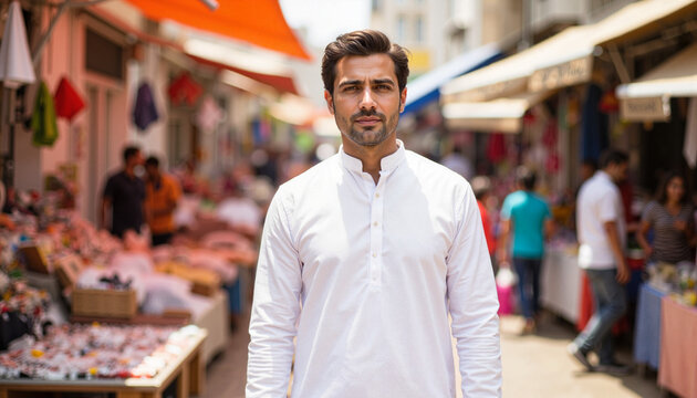 Confident young man in white kurta pajama at vibrant market, cultural identity