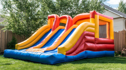"Bright and colorful inflatable bounce house with an attached water slide, set up in a sunny backyard. The setup includes splashing water features and a vibrant design, perfect for outdoor fun