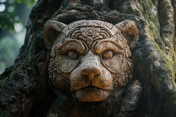 Obraz premium Stone tiger face carved into a moss-covered tree trunk, nature and art combined.