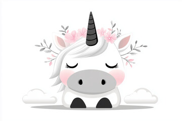 This delightful coloring page showcases a whimsical unicorn with a floral crown and soft clouds, inviting creativity and imagination in a relaxing coloring activity