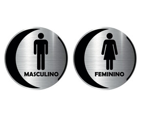 Placas Banheiro Redondas Com Meia Lua. Masculino e Feminino. Textura De Metal.