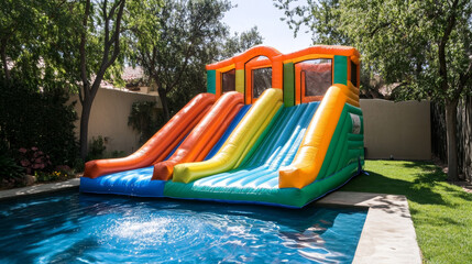"Bright and colorful inflatable bounce house with an attached water slide, set up in a sunny backyard. The setup includes splashing water features and a vibrant design, perfect for outdoor fun
