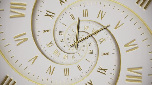 Chaotically rotating clock hands and dial. Abstract modern white spiral clock dial with roman numerals. Concept of Infinite time, deadline, scheduling, time and space, past, present and future.