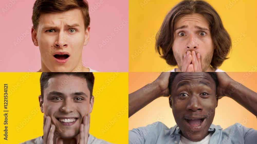 Poster Four individuals display a range of emotions against vibrant backgrounds. Each person showcases distinct expressions, highlighting diversity and the complexity of feelings in social interactions.