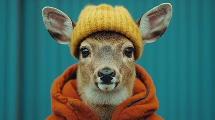  Stylish deer portrait with yellow hat and orange hoodie in a modern artistic setting © Olga