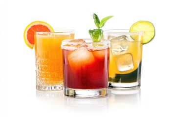 Three unique cocktails garnished with orange slices and fresh mint leaves