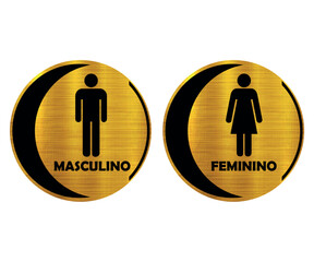 Placas Banheiro Redondas Com Meia Lua. Masculino e Feminino. Textura Dourada.