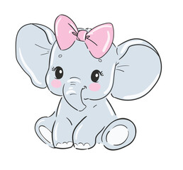 Hand Drawn cute elephant with bow vector illustration