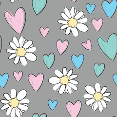 Cute Hearts and Flowers Seamless Pattern Vector Illustration Hand Drawn