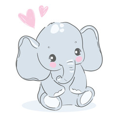 Hand Drawn cute elephant and red heart vector illustration