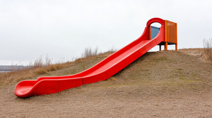 "Colorful playground slide isolated on a white background, featuring a vibrant design with smooth curves and a sturdy base. Ideal for themes related to children's play, outdoor activities, and recreat