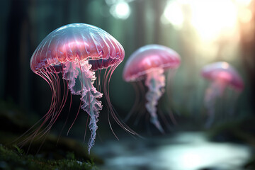 Jellyfish float gracefully through a serene forest stream during a magical sunset filled with soft light