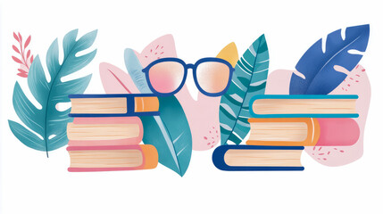 Summer Reading: Books, Glasses, and Tropical Leaves Illustration