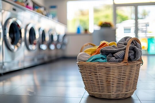 Dirty clothes spilling out of laundry basket in front of washing machine in laundry room - Powered by Adobe