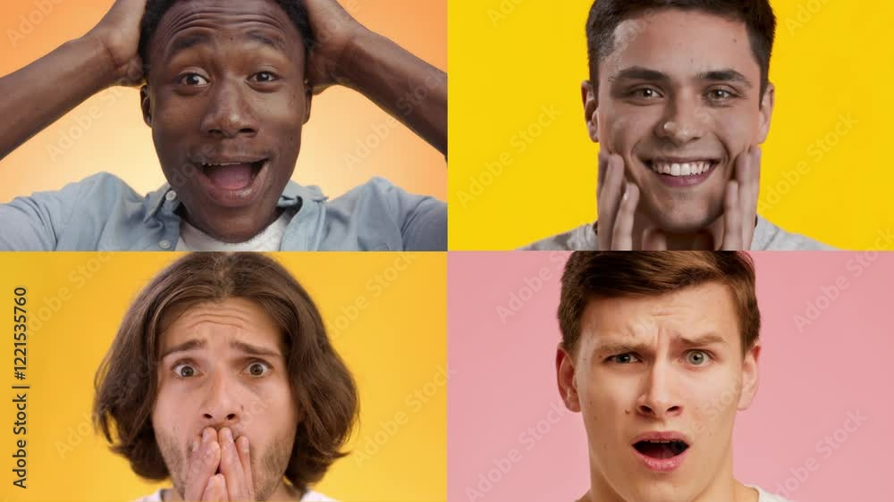 Poster A collection of four individuals showcasing a range of emotions with diverse facial expressions. Each person is set against a vibrant, colorful background that enhances the emotional impact.