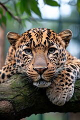 Obraz premium A leopard lounging on a tree branch, its golden fur blending with the foliage