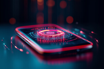 Smartphone screen displaying a futuristic digital interface with glowing circular patterns at night