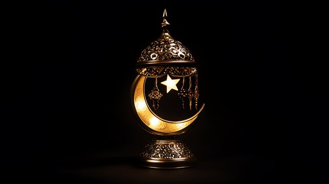 Glowing golden lantern and crescent moon on a dark background embody the spirit of Ramadan Kareem, leaving space for heartfelt "Happy Eid Mubarak" wishes.