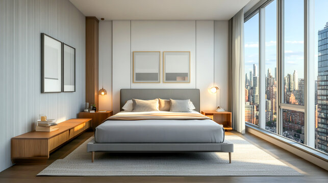 minimalistic master bedroom featuring gray and white walls, a wooden floor, and a comfortable king-size bed with two bedside tables