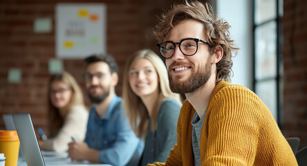 Fototapeta premium A cheerful group of young professionals engaged in a collaborative meeting. The smiling man in focus embodies confidence and creativity, showcasing teamwork in a modern workspace.