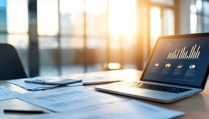 A modern workspace featuring a laptop displaying data analytics, accompanied by documents and a smartphone, all bathed in warm, natural light, conveying productivity and efficiency