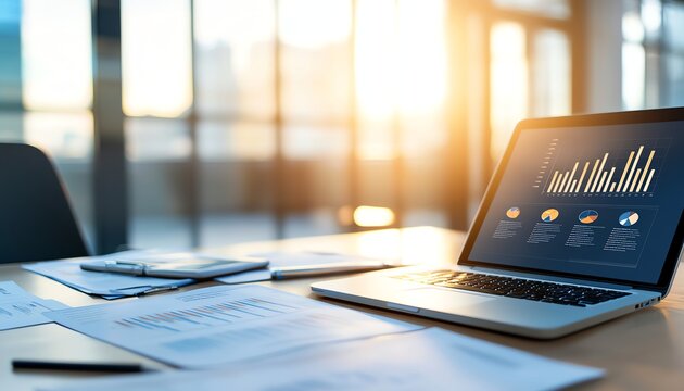 A modern workspace featuring a laptop displaying data analytics, accompanied by documents and a smartphone, all bathed in warm, natural light, conveying productivity and efficiency