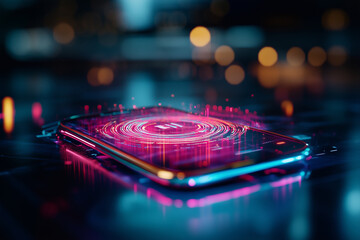 Obraz premium Smartphone illuminated with vibrant digital effects on a reflective surface during a nighttime setting