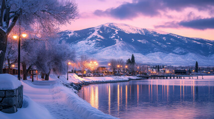 "Scenic view of snow-covered Mount Rose and Slide Mountain during winter, located near Reno, Sparks, and Carson City, Nevada. The majestic peaks are surrounded by a pristine snowy landscape, 