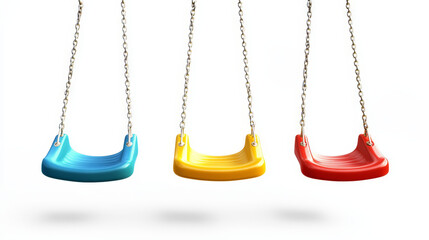 "Isolated image of colorful children's swings on a white background. The swings feature sturdy ropes and a comfortable seat, designed for safe outdoor play. Ideal for concepts related to childhood, 
